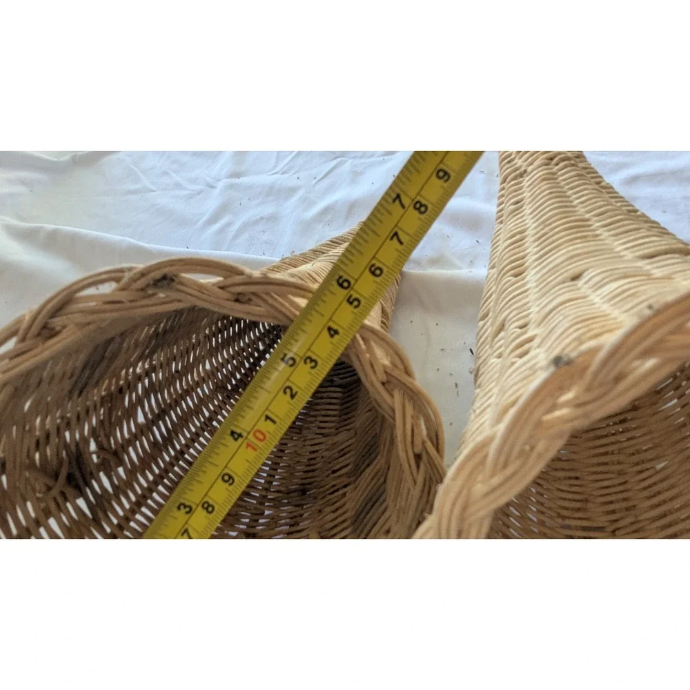 Vintage Woven Wicker Cornucopia Wall Hanging Baskets Set of 2 Natural Rattan